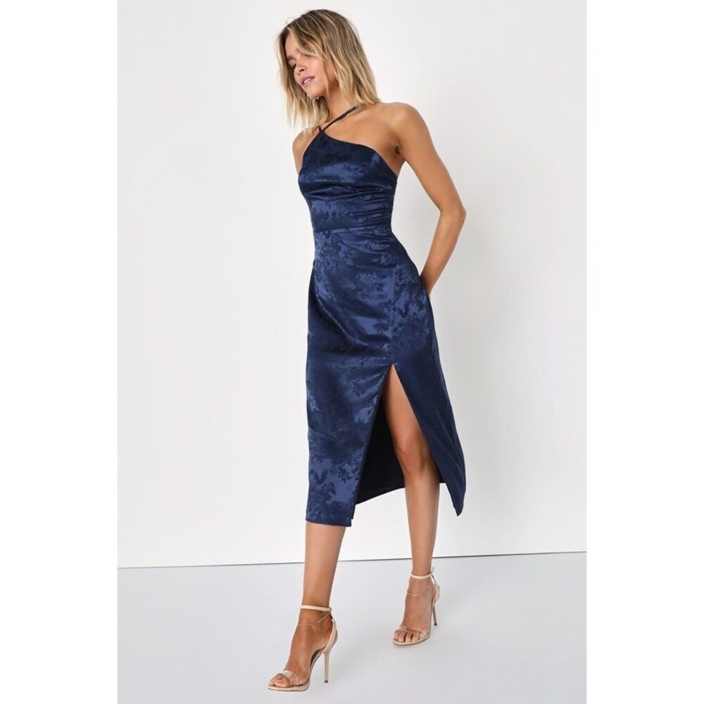 Lulus Desirable Dream Navy Blue Satin Jacquard Halter Neck Midi Dress - Size S
